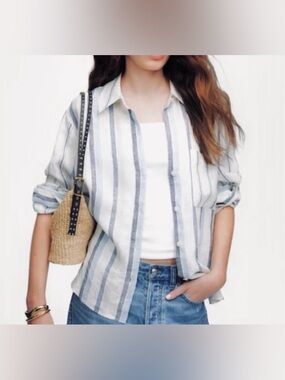 Madewell Linen Easy Y-Neck Button Up Shirt in Blue and Light Blue Mixed Stripe;